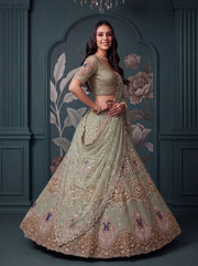 Pista Green Net Peacock Handwork Zari Sequin Lehenga Choli