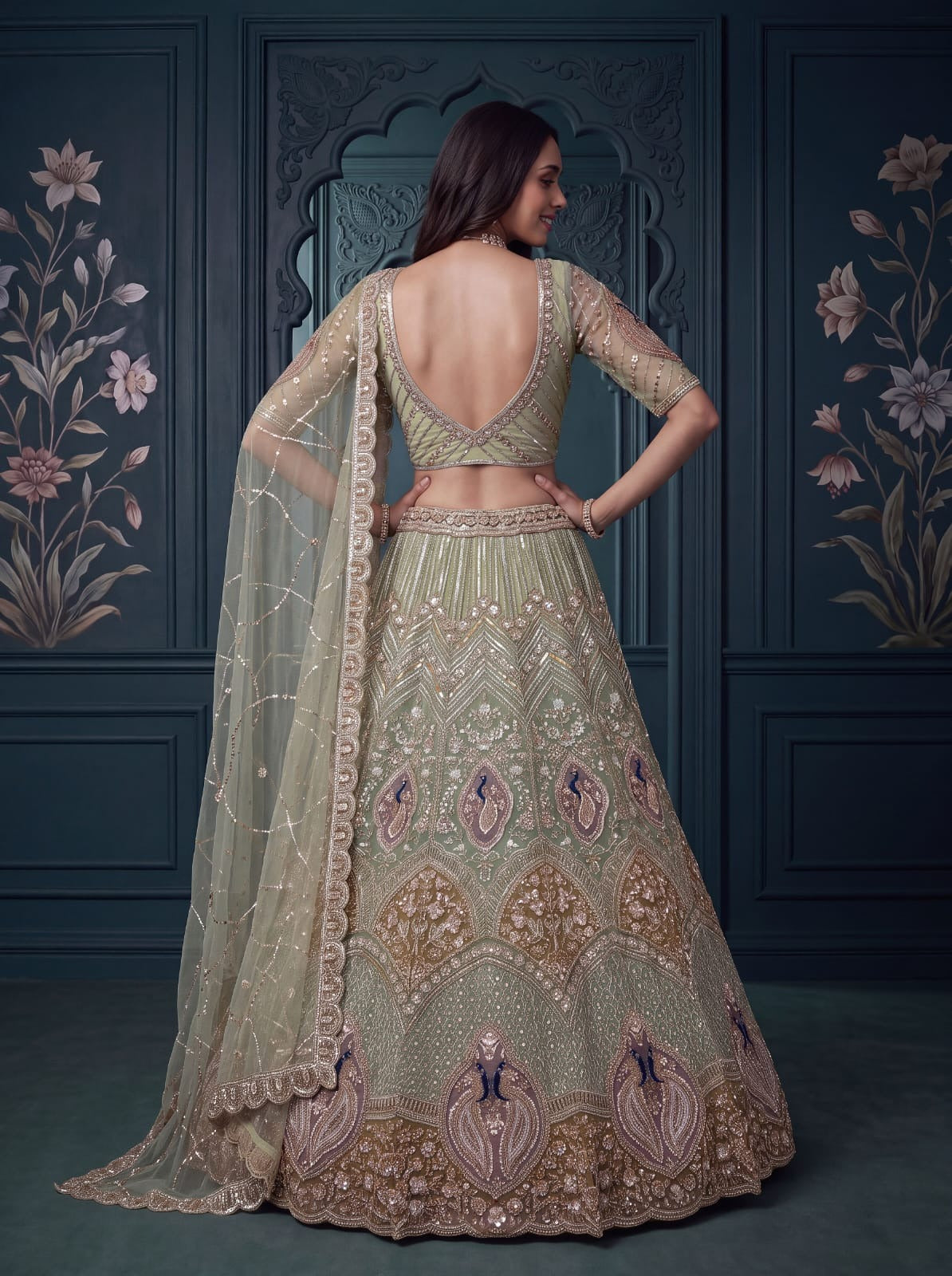 Pista Green Net Peacock Handwork Zari Sequin Lehenga Choli