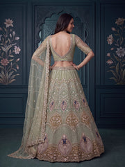 Pista Green Net Peacock Handwork Zari Sequin Lehenga Choli
