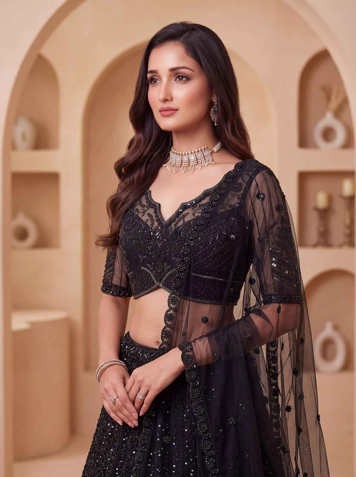 Black Net Motif Handwork German Zari Lehenga Choli