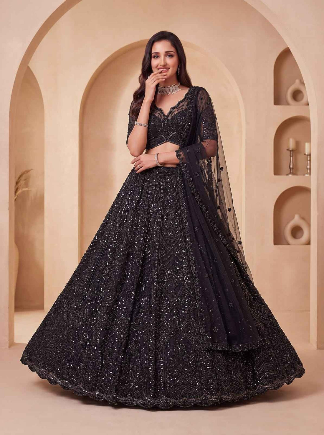Black Net Motif Handwork German Zari Lehenga Choli