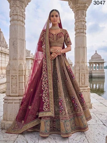Velvet Dori Sequin Embroidered Bridal Lehenga Choli with Softnet Dupatta