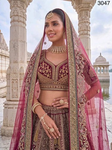 Velvet Dori Sequin Embroidered Bridal Lehenga Choli with Softnet Dupatta