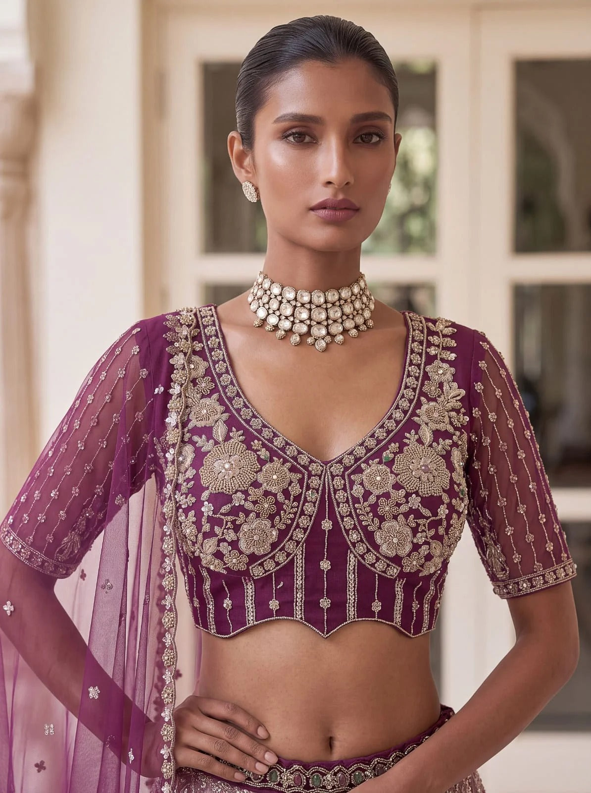 Purple Pure Heavy Net Motif Handwork Zari Sequins Work Bridal Lehenga Choli