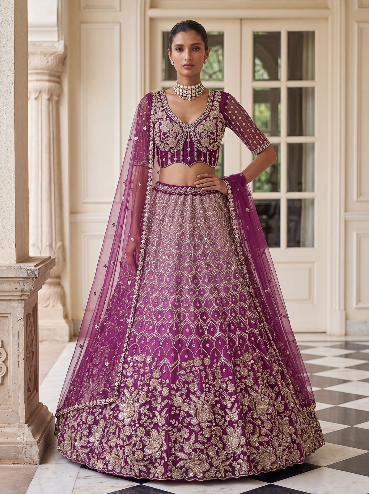 Purple Pure Heavy Net Motif Handwork Zari Sequins Work Bridal Lehenga Choli