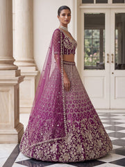 Purple Pure Heavy Net Motif Handwork Zari Sequins Work Bridal Lehenga Choli