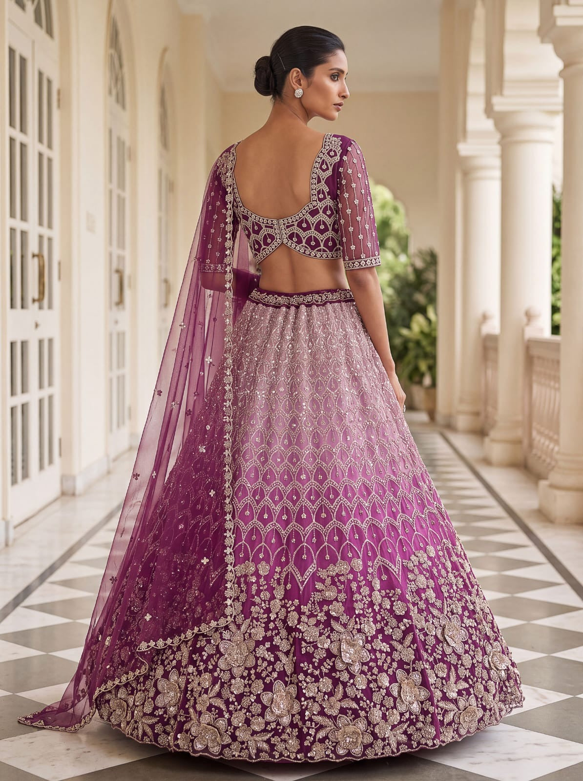 Purple Pure Heavy Net Motif Handwork Zari Sequins Work Bridal Lehenga Choli