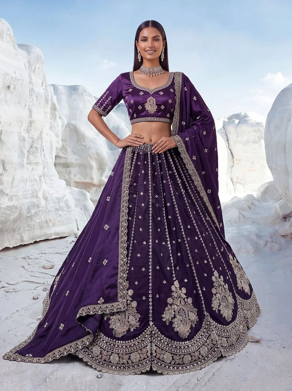 Purple Pure Soft Silk Heavy Sequins Embellishment Work Bridal Lehenga Choli