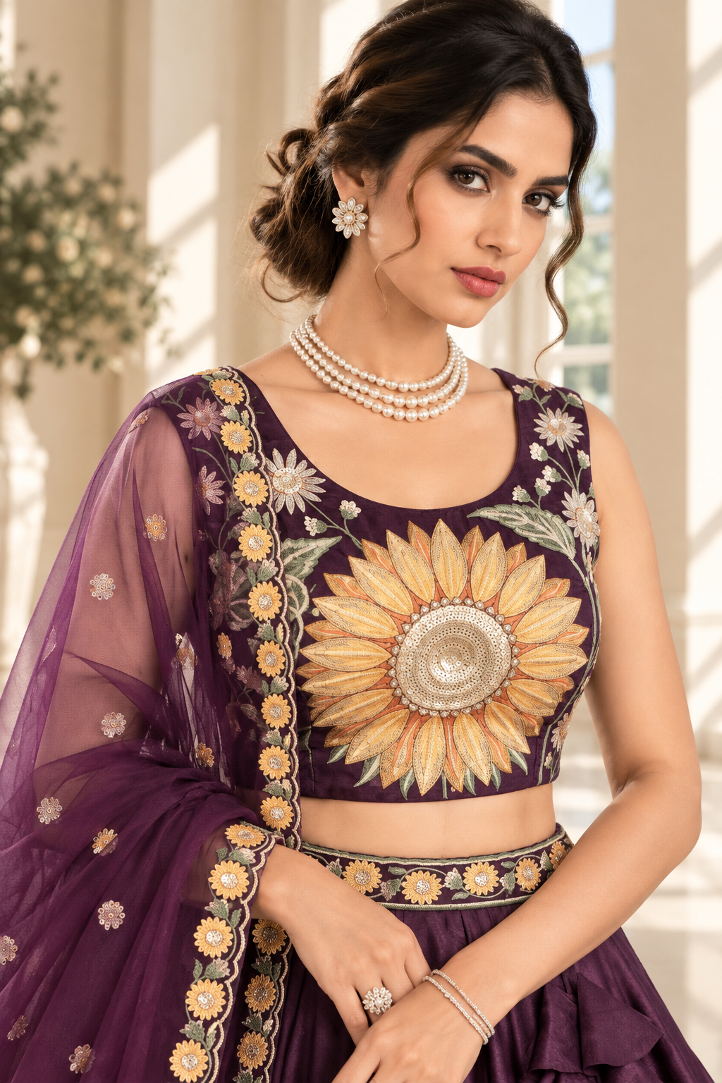 Purple Velvet Lehenga Choli with Sunflower Thread & Sequin Embroidery