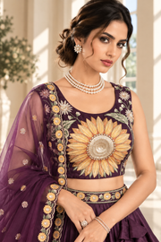 Purple Velvet Lehenga Choli with Sunflower Thread & Sequin Embroidery