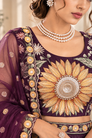 Purple Velvet Lehenga Choli with Sunflower Thread & Sequin Embroidery