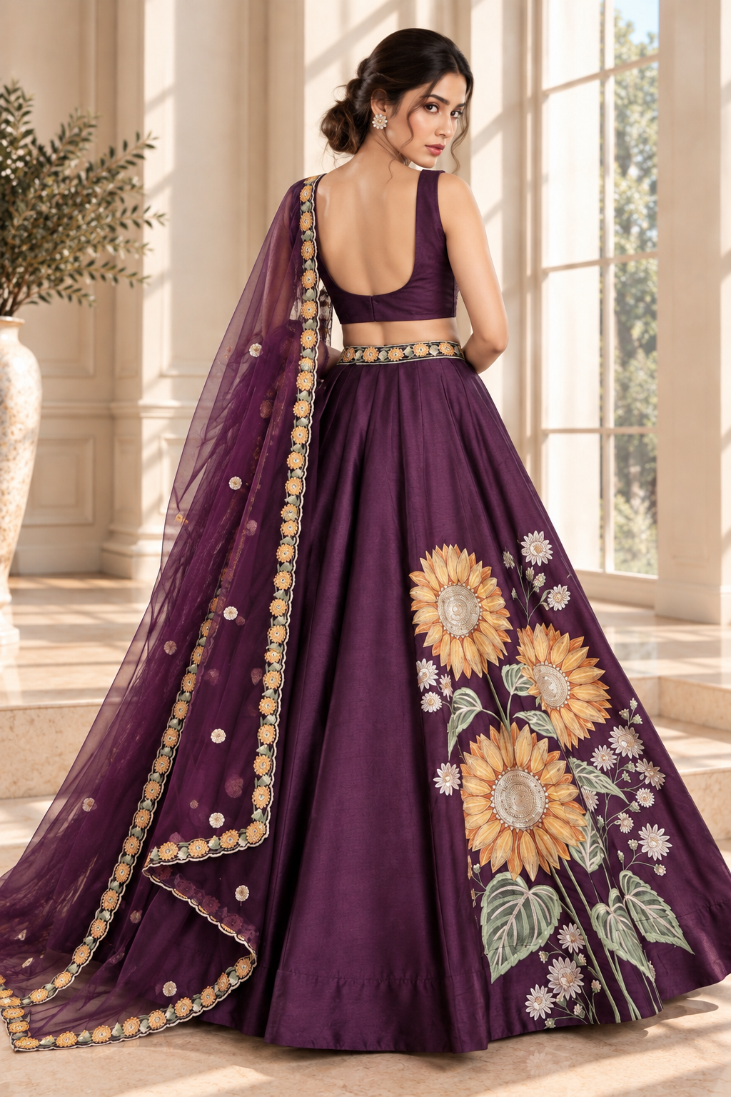 Purple Velvet Lehenga Choli with Sunflower Thread & Sequin Embroidery