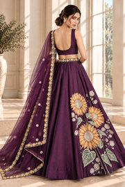 Purple Velvet Lehenga Choli with Sunflower Thread & Sequin Embroidery