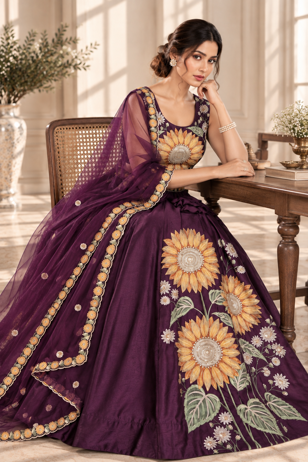 Purple Velvet Lehenga Choli with Sunflower Thread & Sequin Embroidery