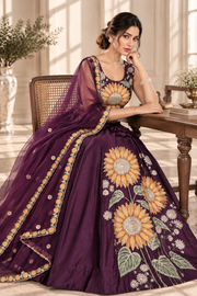 Purple Velvet Lehenga Choli with Sunflower Thread & Sequin Embroidery