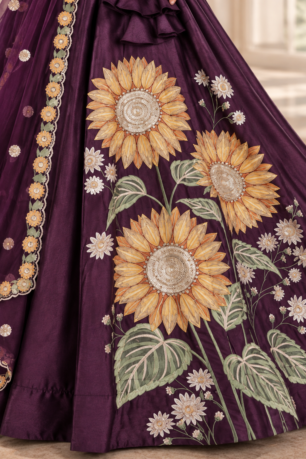 Purple Velvet Lehenga Choli with Sunflower Thread & Sequin Embroidery