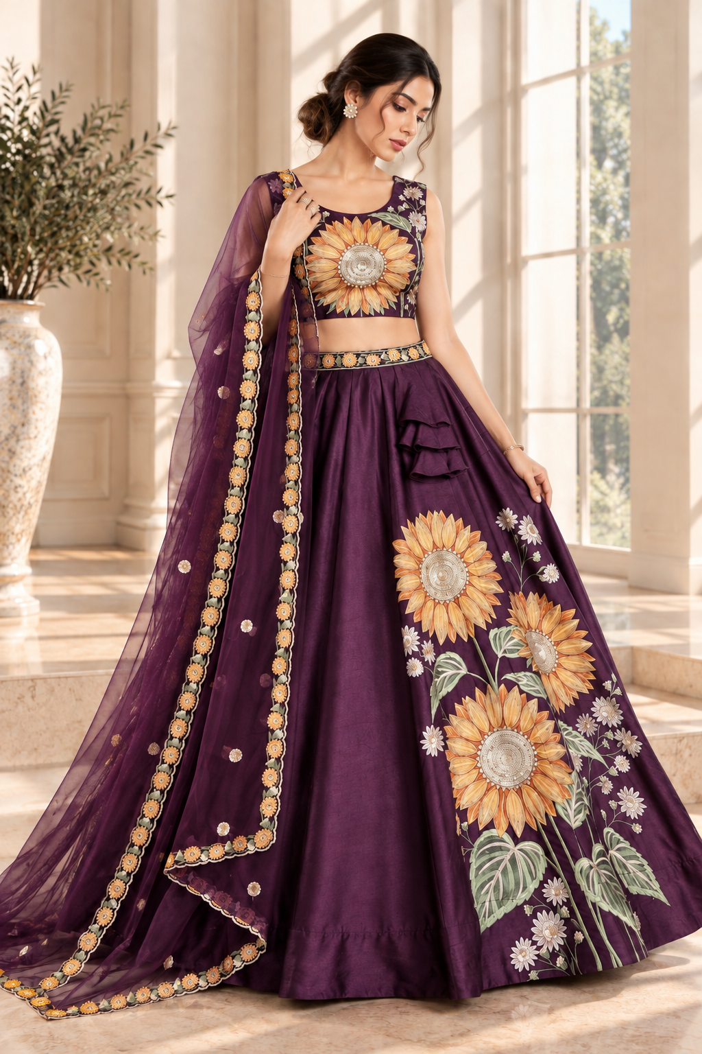 Purple Velvet Lehenga Choli with Sunflower Thread & Sequin Embroidery