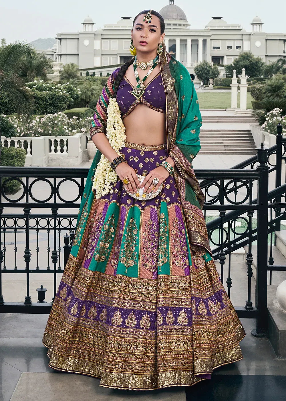 Purple & Teal Green Banarasi Silk Zari Lehenga Choli