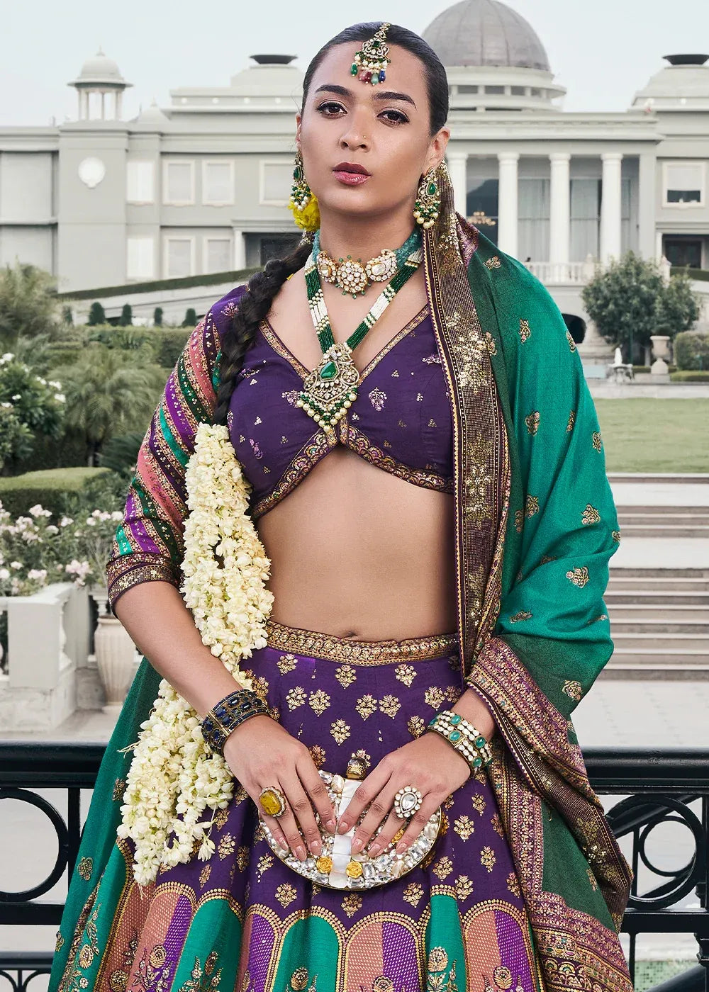 Purple & Teal Green Banarasi Silk Zari Lehenga Choli
