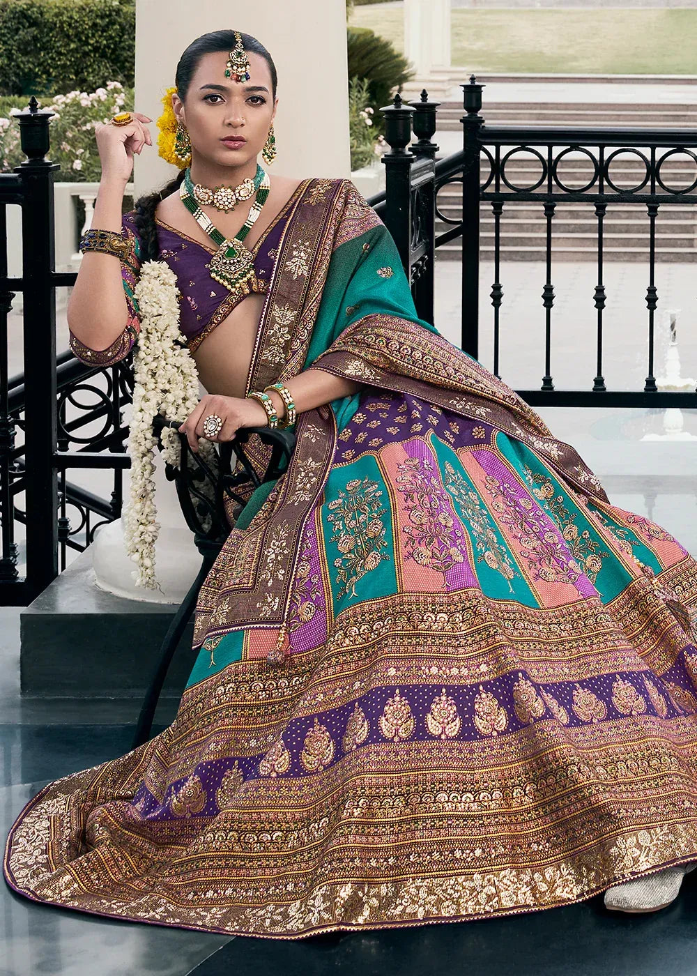 Purple & Teal Green Banarasi Silk Zari Lehenga Choli