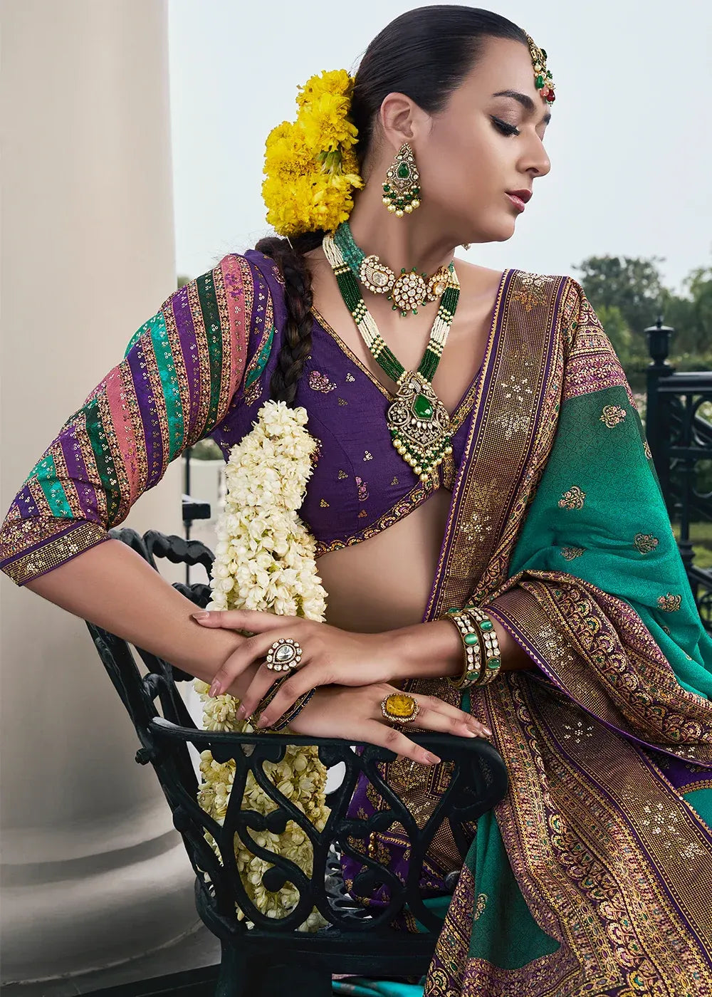 Purple & Teal Green Banarasi Silk Zari Lehenga Choli