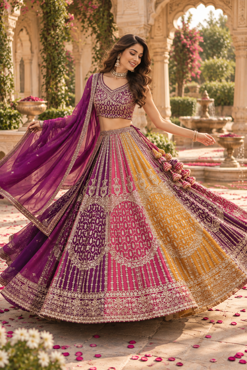 Purple & Yellow Dual-Tone Embroidered Lehenga
