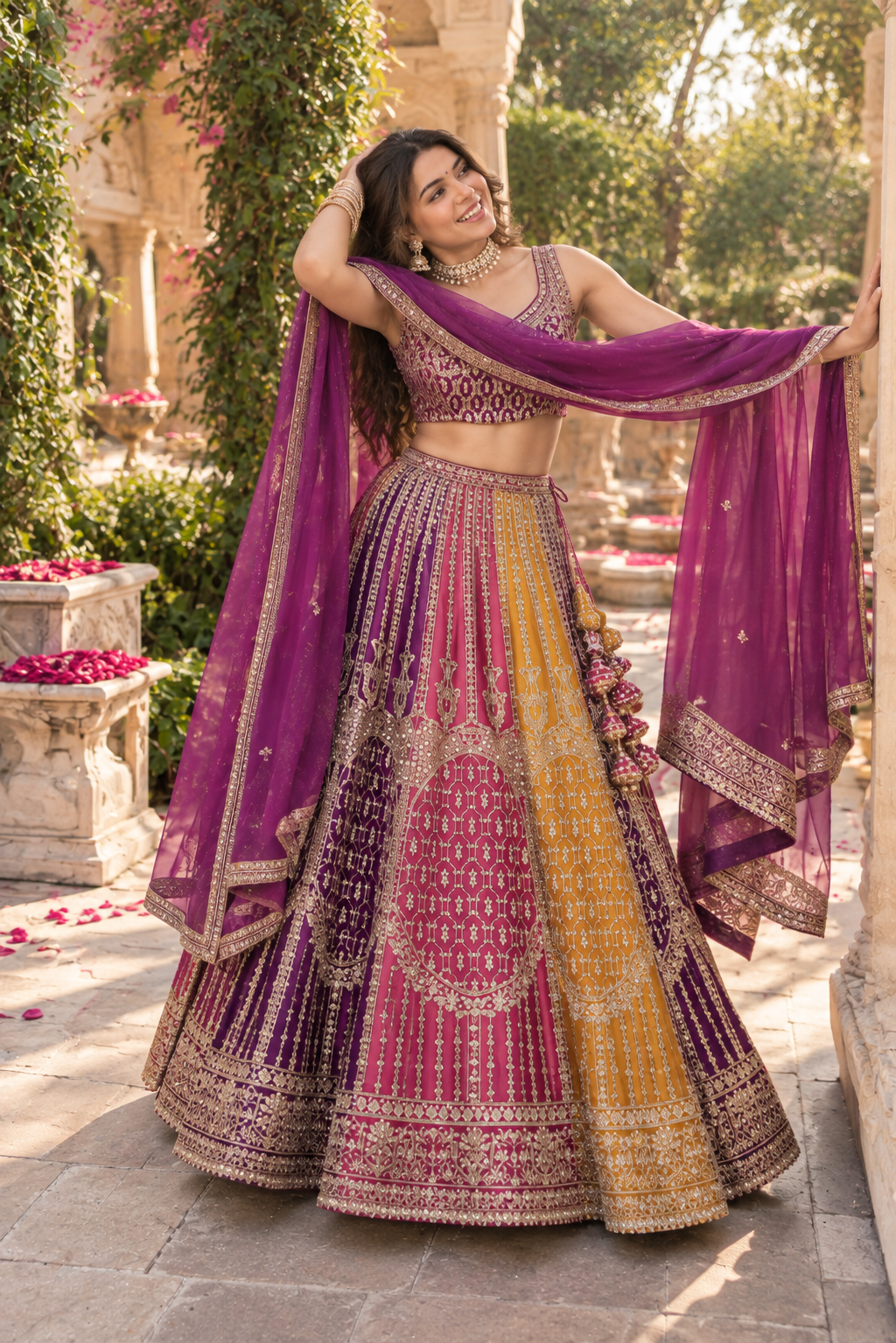 Purple & Yellow Dual-Tone Embroidered Lehenga