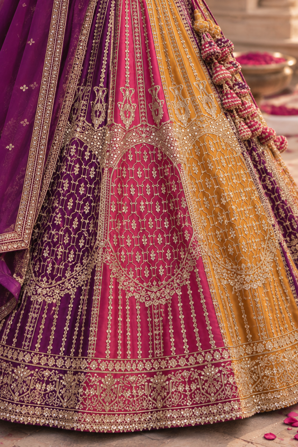Purple & Yellow Dual-Tone Embroidered Lehenga
