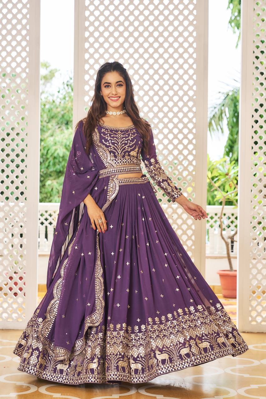 Designer Faux Georgette Lehenga Choli With Sequins Embroidery & Belt
