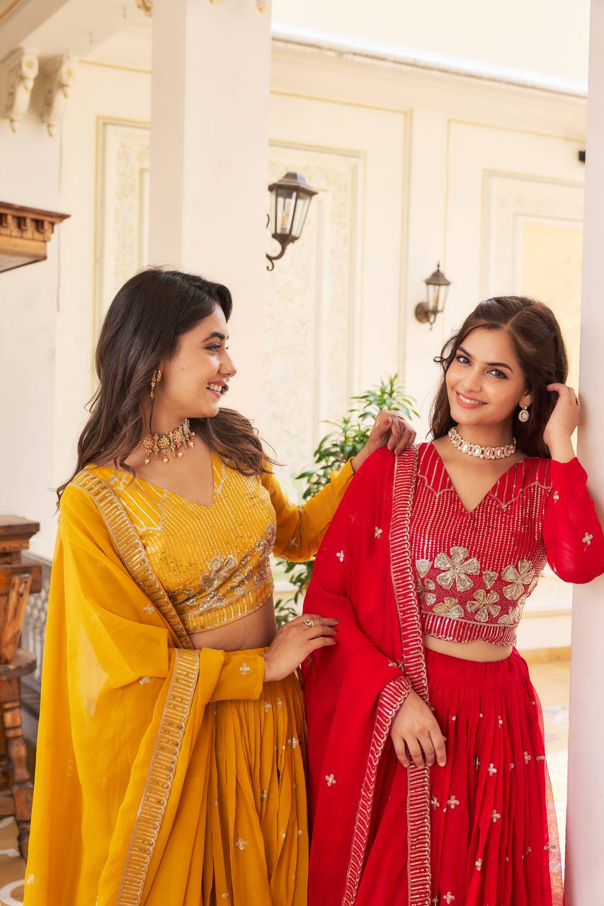 Elegant Faux Georgette Embroidered Lehenga Choli With Matching Dupatta