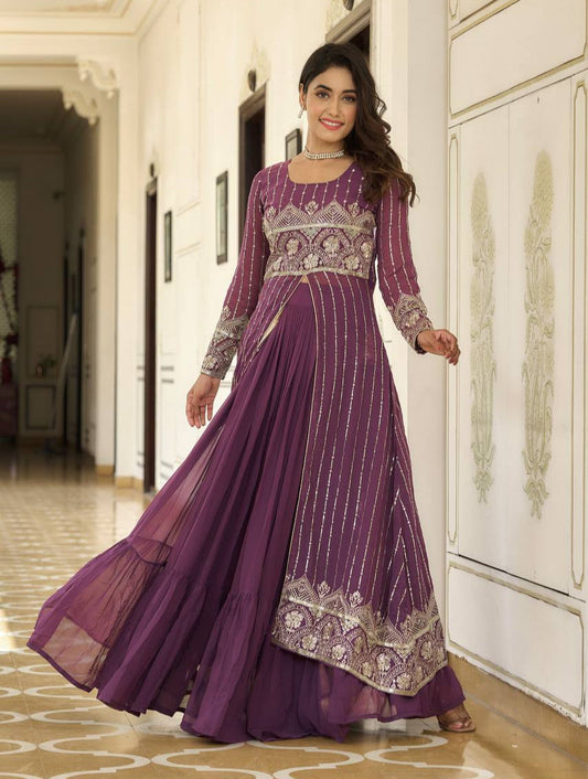 Designer Faux Georgette Lehenga Choli With Attached Embroidered Shrug