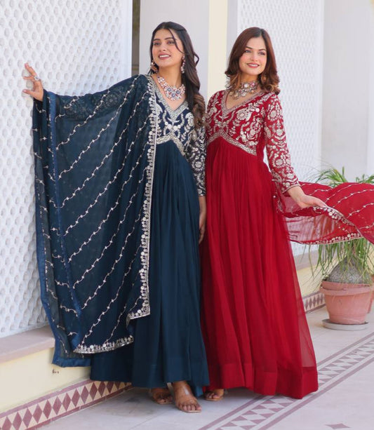 Fabulous Faux Georgette Heavy Sequins Embroidered Gown With Dupatta