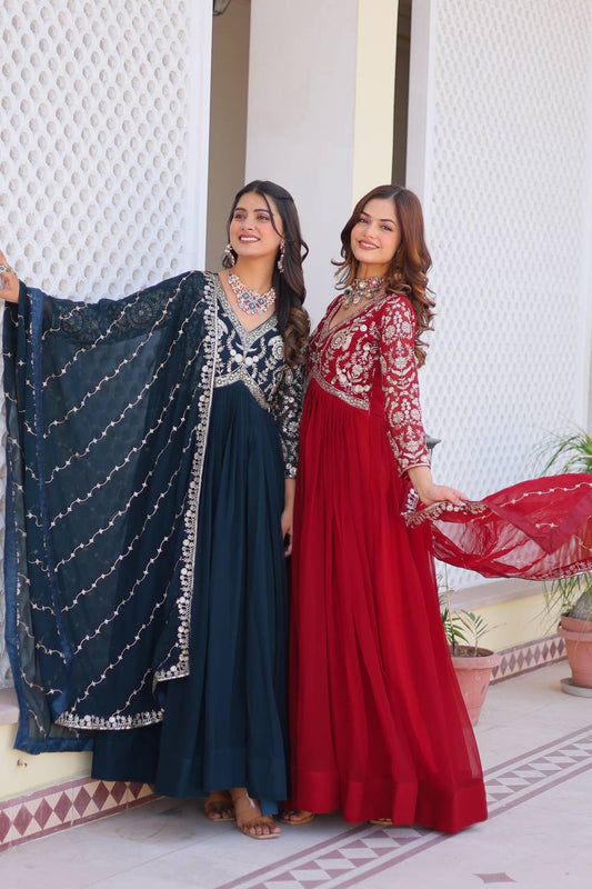 Fabulous Faux Georgette Heavy Sequins Embroidered Gown With Dupatta