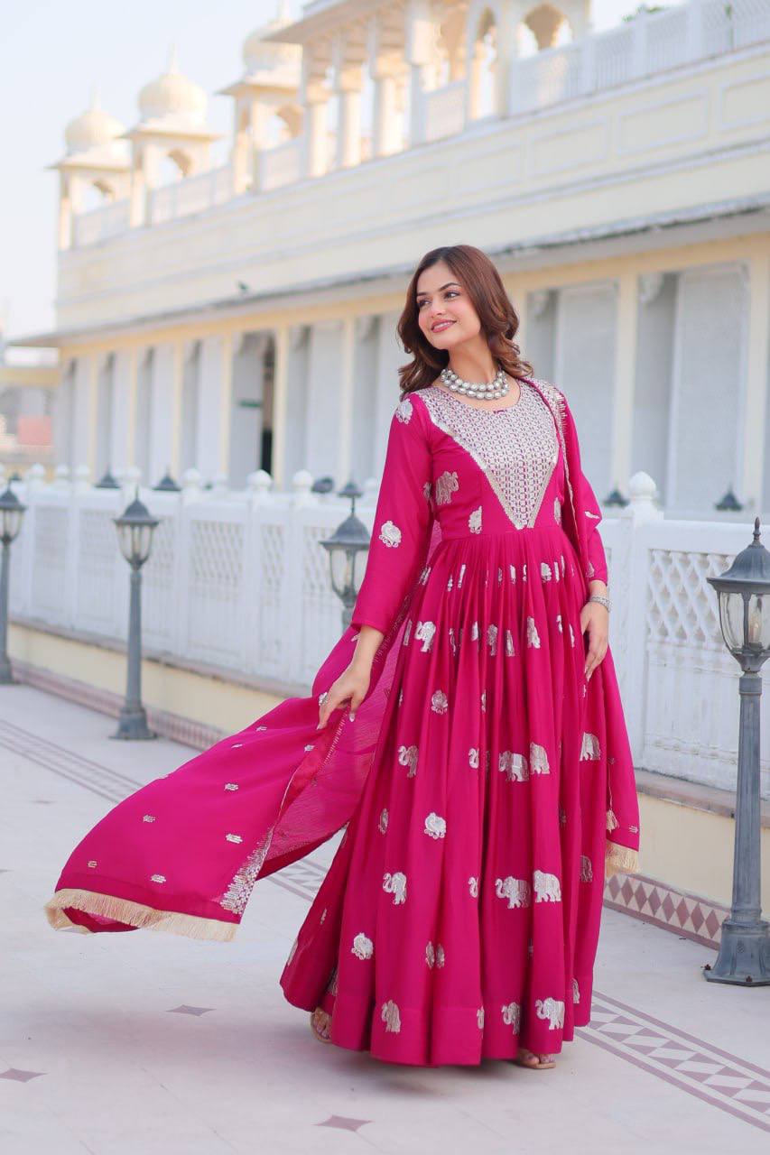 Pure Chinon Embroidered Gown with Heavy Sequin Work and Lace Border Dupatta