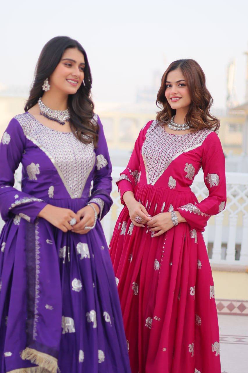 Pure Chinon Embroidered Gown with Heavy Sequin Work and Lace Border Dupatta