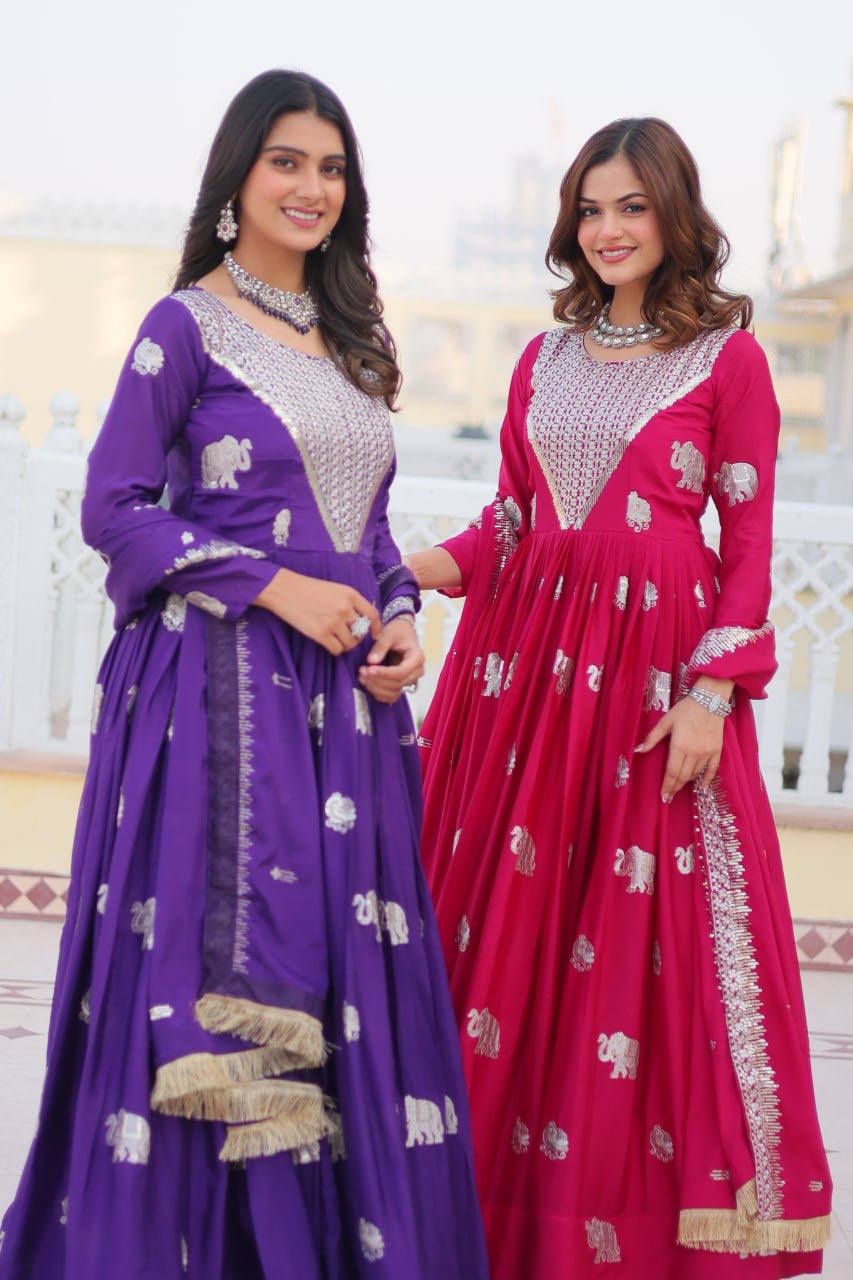 Pure Chinon Embroidered Gown with Heavy Sequin Work and Lace Border Dupatta