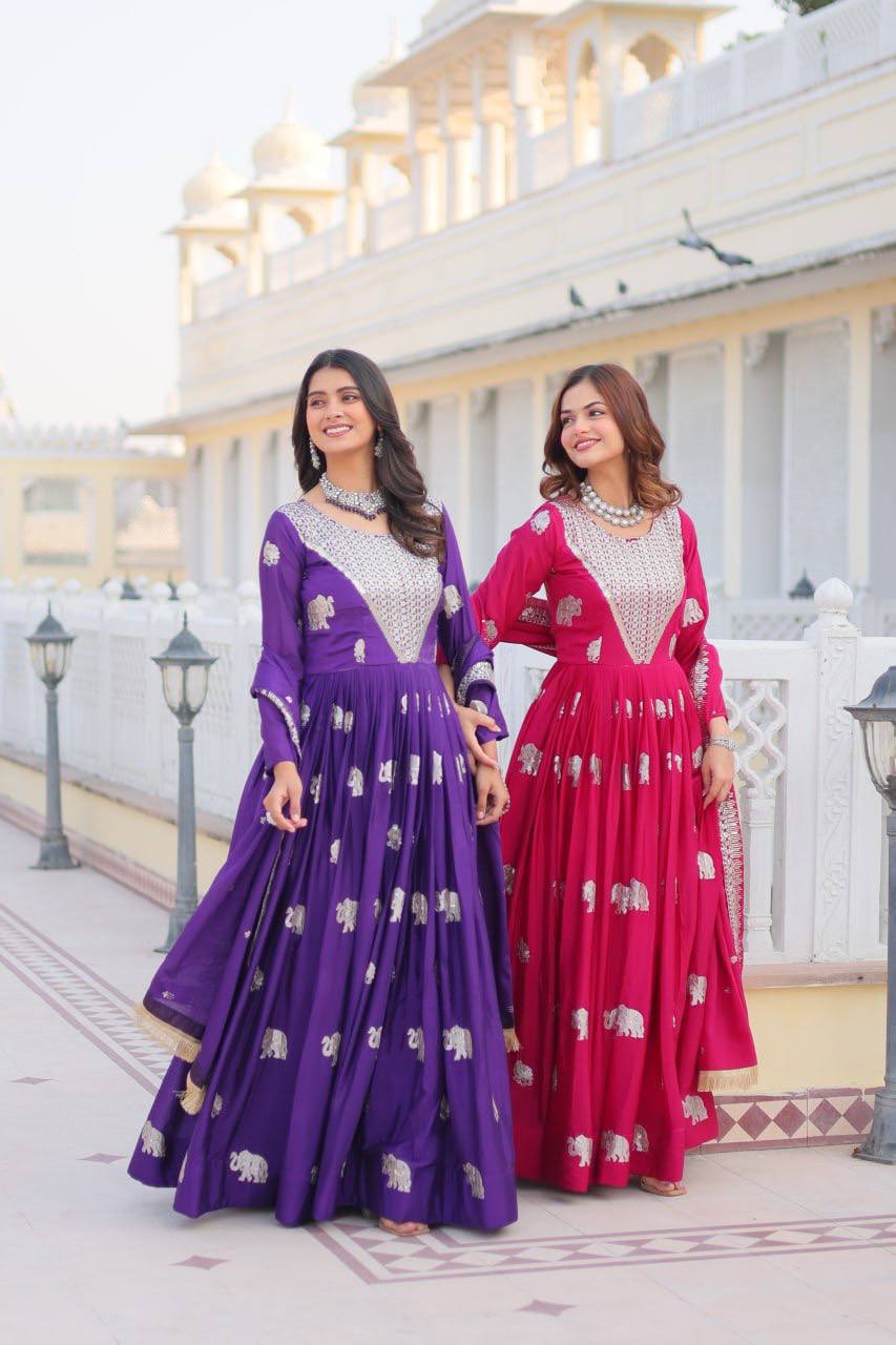 Pure Chinon Embroidered Gown with Heavy Sequin Work and Lace Border Dupatta