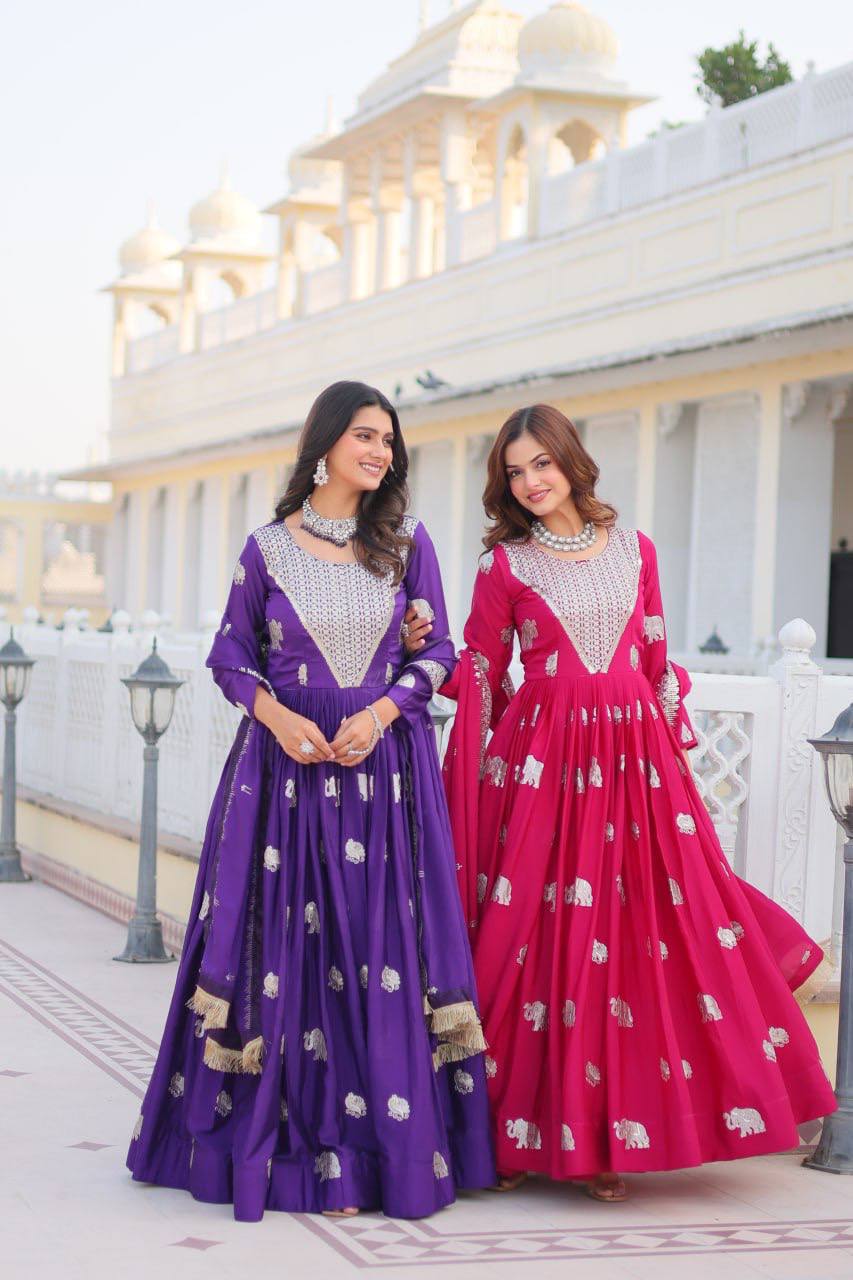 Pure Chinon Embroidered Gown with Heavy Sequin Work and Lace Border Dupatta