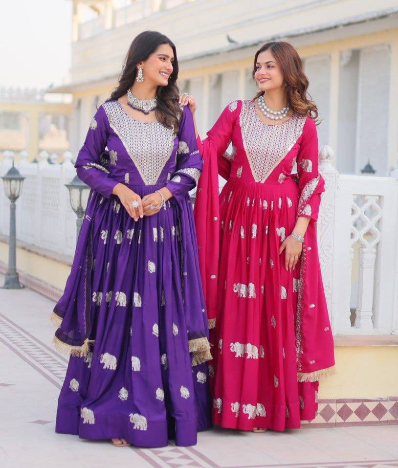 Pure Chinon Embroidered Gown with Heavy Sequin Work and Lace Border Dupatta