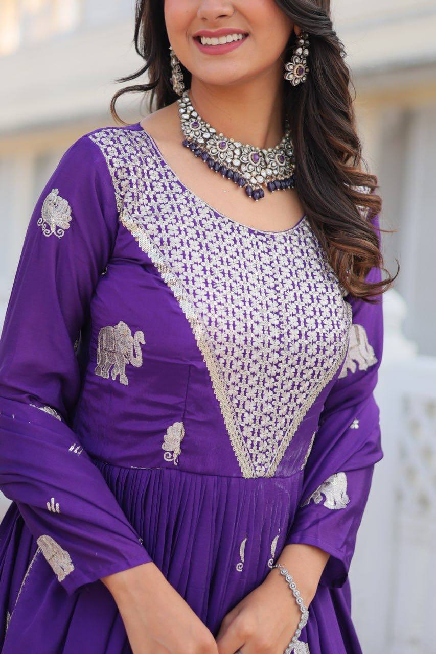 Pure Chinon Embroidered Gown with Heavy Sequin Work and Lace Border Dupatta