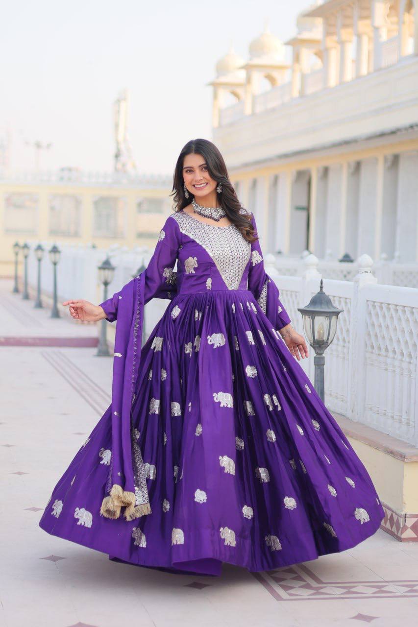 Pure Chinon Embroidered Gown with Heavy Sequin Work and Lace Border Dupatta