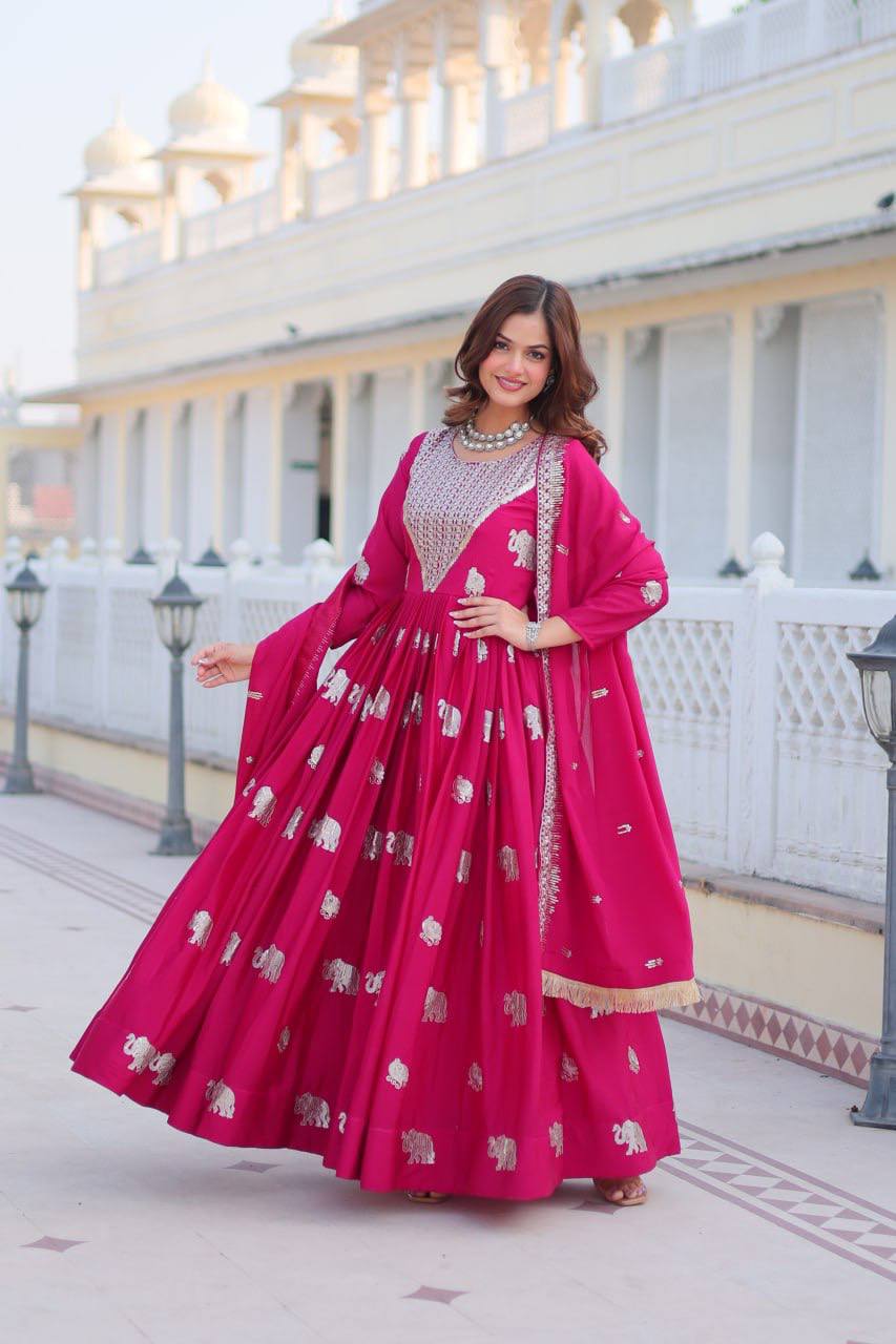 Pure Chinon Embroidered Gown with Heavy Sequin Work and Lace Border Dupatta