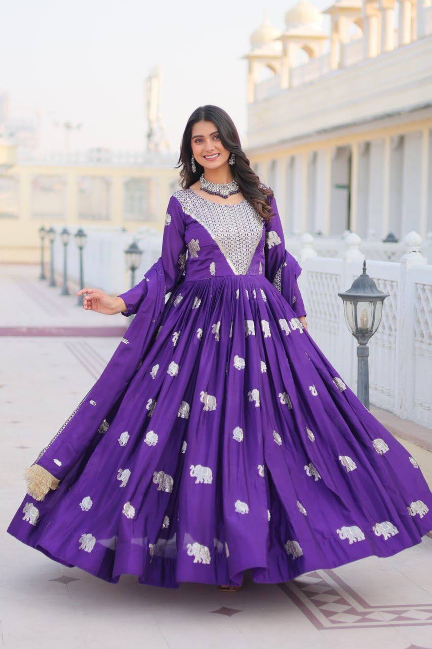 Pure Chinon Embroidered Gown with Heavy Sequin Work and Lace Border Dupatta