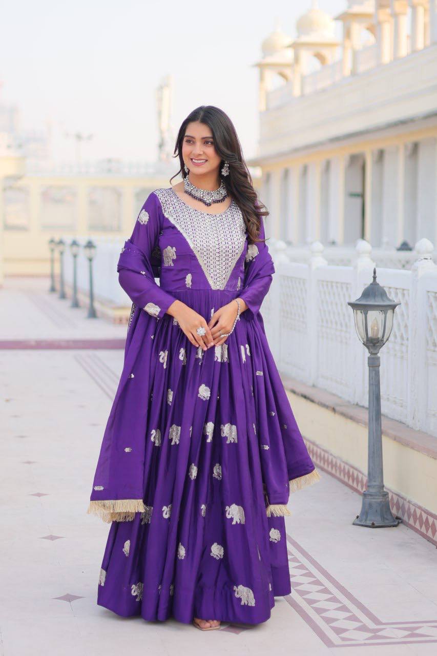 Pure Chinon Embroidered Gown with Heavy Sequin Work and Lace Border Dupatta