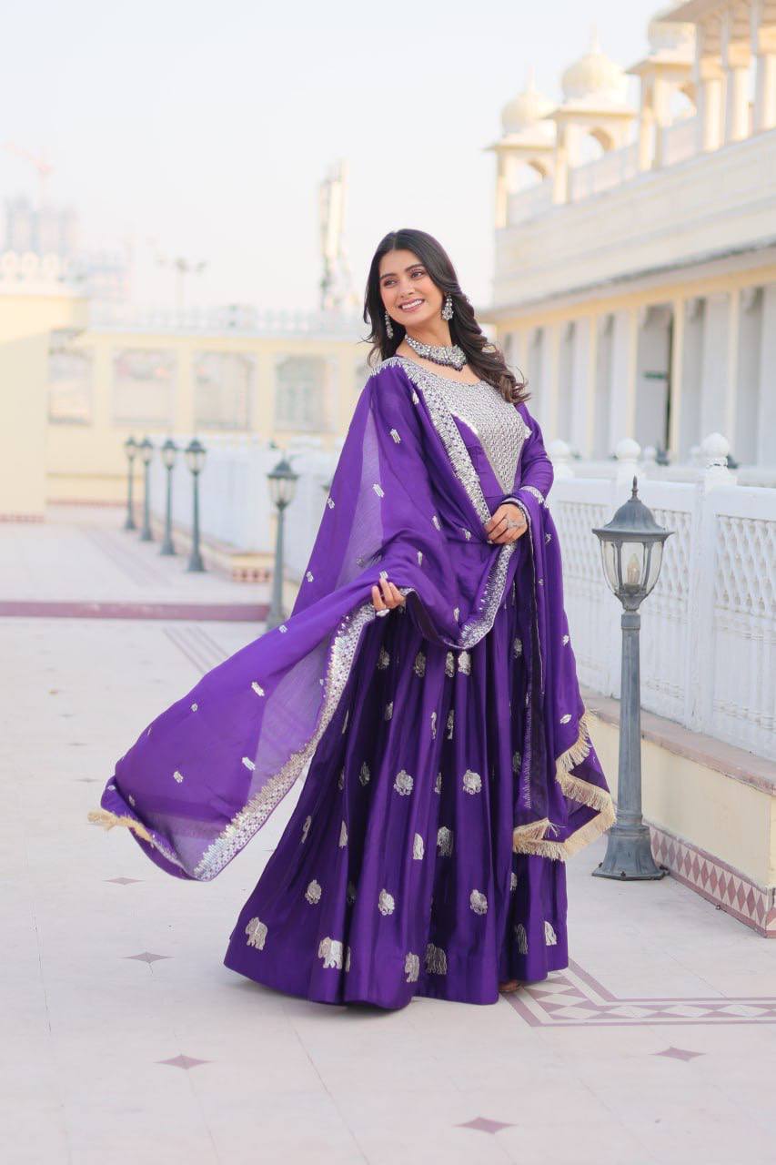 Pure Chinon Embroidered Gown with Heavy Sequin Work and Lace Border Dupatta