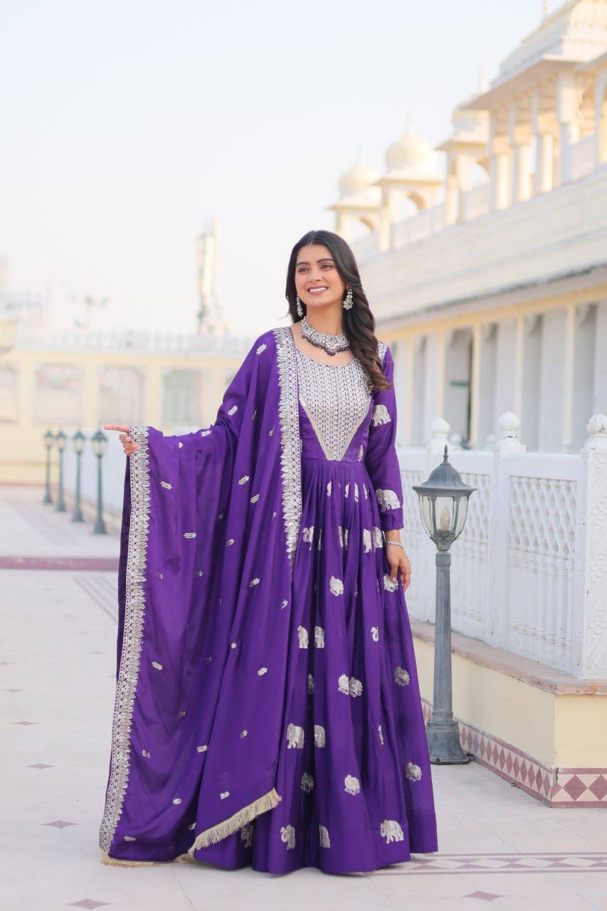 Pure Chinon Embroidered Gown with Heavy Sequin Work and Lace Border Dupatta