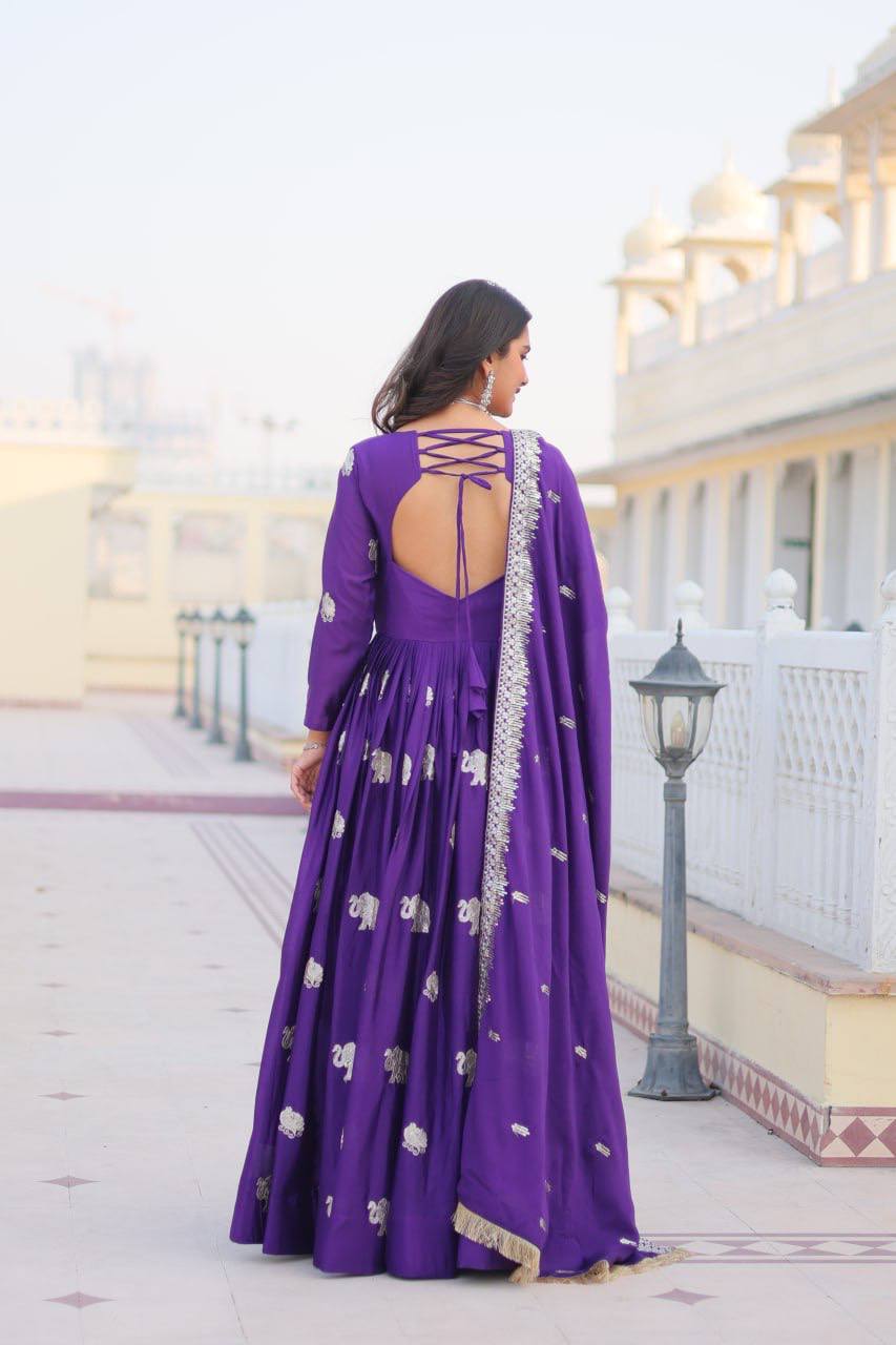 Pure Chinon Embroidered Gown with Heavy Sequin Work and Lace Border Dupatta