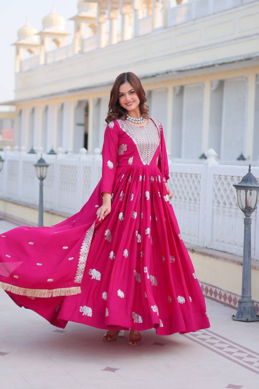 Pure Chinon Embroidered Gown with Heavy Sequin Work and Lace Border Dupatta
