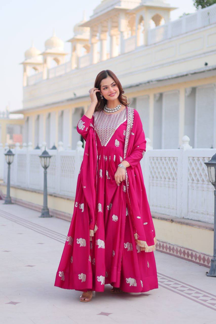 Pure Chinon Embroidered Gown with Heavy Sequin Work and Lace Border Dupatta
