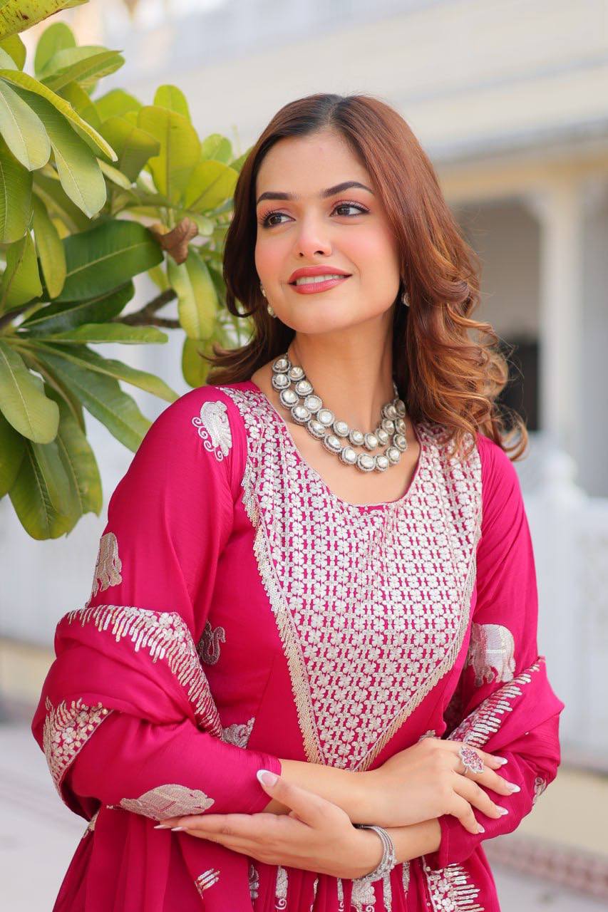 Pure Chinon Embroidered Gown with Heavy Sequin Work and Lace Border Dupatta